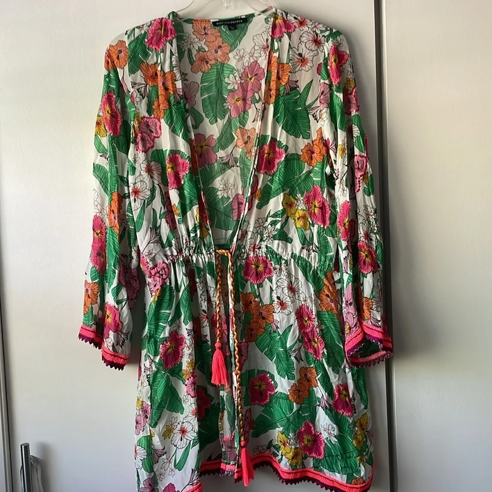 BOSTON PROPER Cabana Tropics Print Flare Sleeve‎ Duster S T01